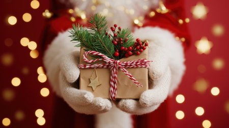 Santa brings a beautifully wrapped gift, created by AIの写真素材