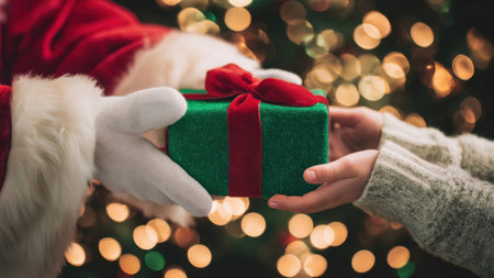 Santa Claus hands a green gift box to a child, created by AIの写真素材