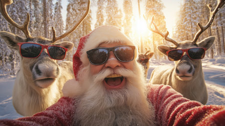 Santa Claus smiles broadly while posing with reindeer, created by AIの写真素材