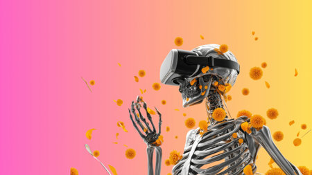 Skeleton in VR among flowers, created with AIの写真素材