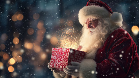 Santa Claus holding a red gift box glowing with light, created AIの写真素材