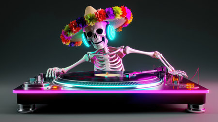 Skeleton in sombrero spins colorful records, created with AIの写真素材