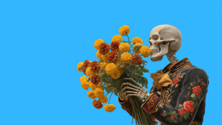 Festive skeleton with marigolds for Day of the Dead, created with AIの写真素材