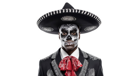 Person dressed in vibrant attire with skull makeup, created AI, PNGの写真素材