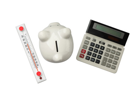 Calculator, piggy bank, and thermometer, isolated on white, PNG