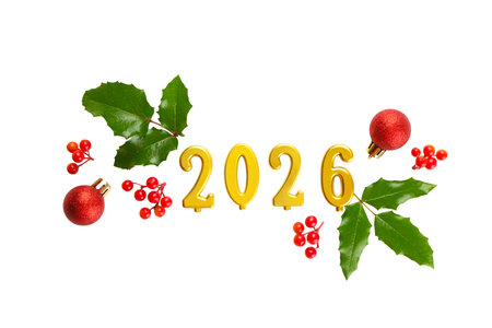 2026 in gold with Christmas ornaments and holly, on white, PNG