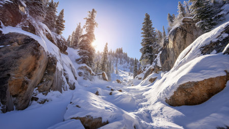 Sunlight shines on a snowy valley and cliffs, created with AIの写真素材
