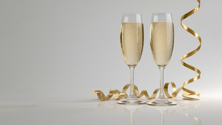 Champagne flutes on reflective surface with ribbon, created AIの写真素材