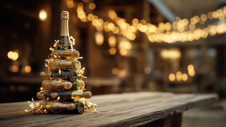 Pyramid of champagne bottles with fairy lights, created by AIの写真素材