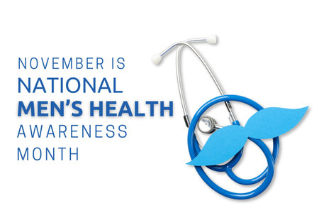 Blue stethoscope with a cutout mustache on a white backgroundの写真素材