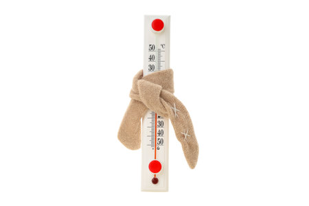 Winter thermometer with a scarf, isolated on white, PNG