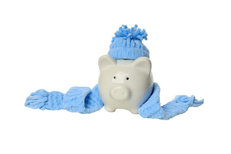 Cozy piggy bank promotes winter savings, isolated on white, PNGの写真素材