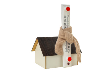 Thermometer in scarf shows winter warmth, isolated on white, PNG