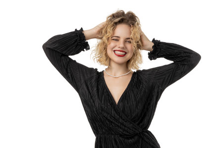 Happy woman celebrating Black Friday deals, isolated, PNGの写真素材