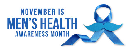 Blue ribbon with mustache for men's health, isolated, PNGの写真素材