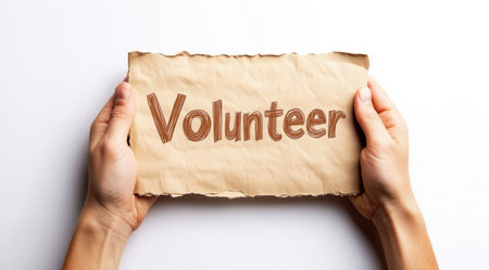 Hands clutch a crumpled volunteer sign, created with AIの写真素材