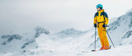 Skier poised on snowy mountain slope, created by AIの写真素材