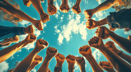 Hands raised in unity under a blue sky, created with AIの写真素材