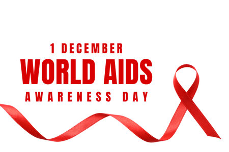 Red ribbon on white for World AIDS Day, isolated, PNGの写真素材