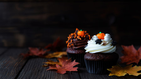 Festive cupcakes with fall leaves, created with AIの写真素材