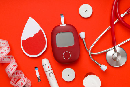 Diabetes supplies: glucose meter and stethoscope, top viewの写真素材