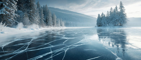 Frozen lake, snow-capped trees, soft winter sky, created AIの写真素材
