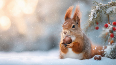 Squirrel in snow holds a nut as snow falls, created AIの写真素材