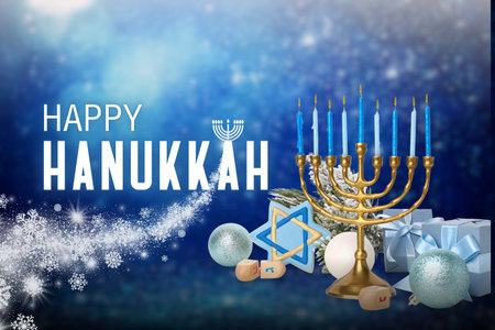 Colorful Hanukkah decorations including a menorah and dreidelsの写真素材