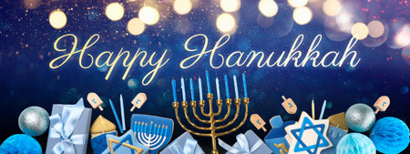 Bright blue and gold Hanukkah decorations with menorahの写真素材