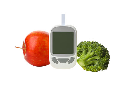 Glucose meter placed between an apple and broccoli, isolated, PNG