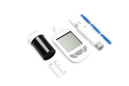 Glucose meter with a digital display and test strips, isolated, PNG