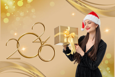 Woman wearing a Santa hat smiles while holding a gift box
