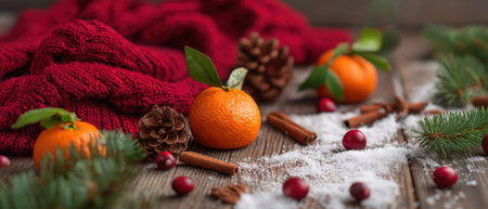 Tangerines with pine cones and festive decor, created by AIの写真素材