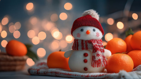Snowman wearing red hat and scarf next to fresh oranges, created AIの写真素材