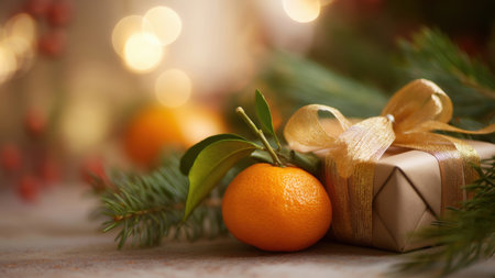 Mandarin orange next to a gold-wrapped gift, created by AIの写真素材