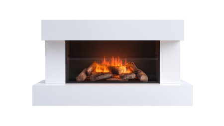 Cozy minimalist fireplace with glowing logs, created AI, PNGの写真素材