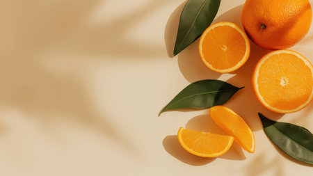 Mandarins and leaves arranged on a light background, created by AI