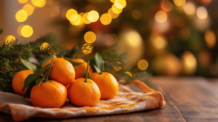 Mandarins on cloth with bright bokeh lightsの写真素材