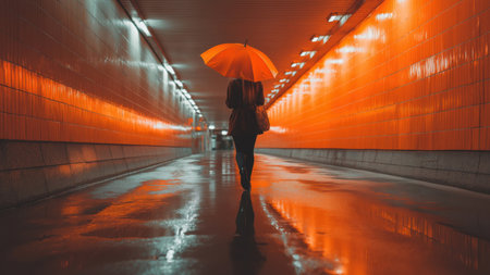 Woman walks in a bright orange tunnel with an umbrella, created by AIの写真素材