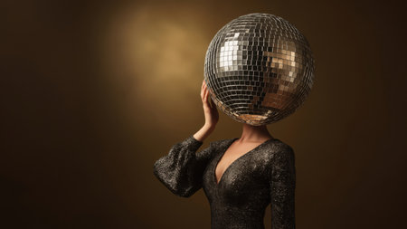 Person in a shiny outfit with disco ball headpiece, created by AIの写真素材