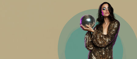 Person with a sparkling disco ball and a shiny outfit, created by AIの写真素材