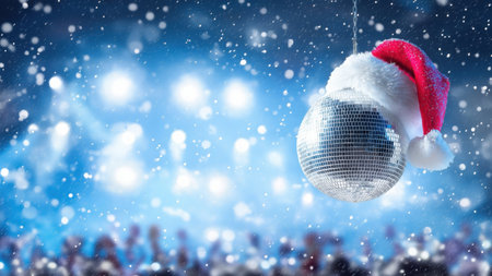 Disco ball with Santa hat in snowy party, created by AIの写真素材