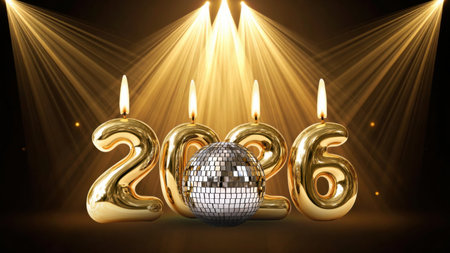 Disco ball near golden 2026 candles lights up, created by AI