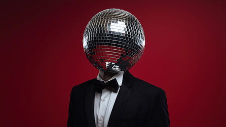 Tuxedo man with disco ball head in vibrant setting, created by AIの写真素材