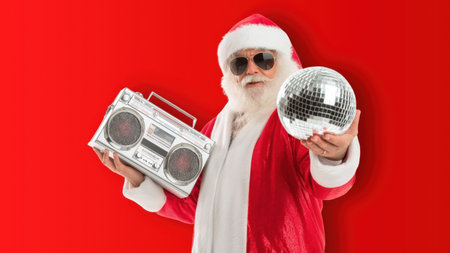 Santa with a disco ball and boombox, created by AIの写真素材