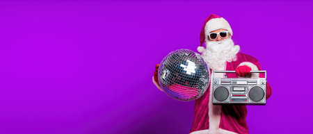 Santa holds a disco ball and boombox on purple, created by AIの写真素材