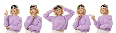 Set, Woman in ski goggles strikes various poses, isolated, PNGの写真素材