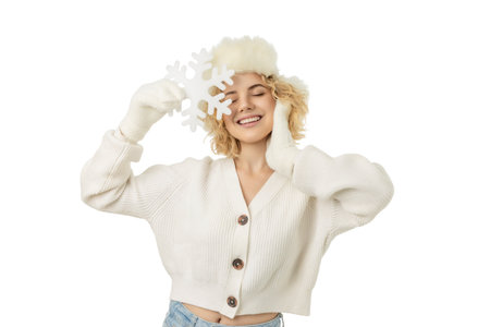 Person enjoys winter spirit with snowflake in hands, isolated, PNGの写真素材