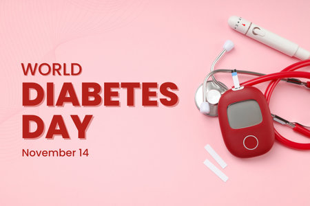 Red glucose meter, stethoscope, and strips on pink BGの写真素材