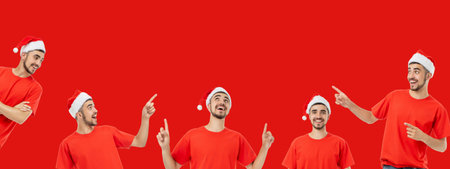 Man wearing red shirt and Santa hat pointing to promotional ideasの写真素材